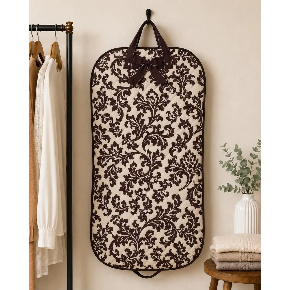 Belvah Quilted Garment Bag‎ Brown Cream Damask Travel Suit Cover with Bow Detail